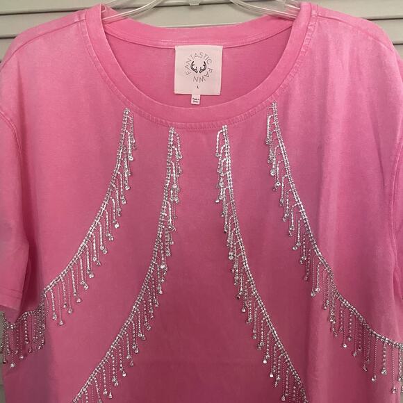 Fantastic Fawn NWOT 100% Cotton Pink Tshirt w/ Fringe Large - Picture 2 of 4